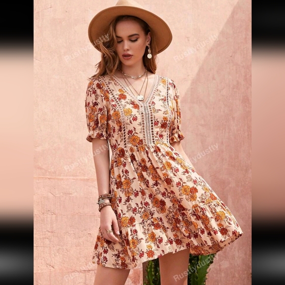 Fall Floral Print Dress with Puff Sleeves - Picture 1 of 7